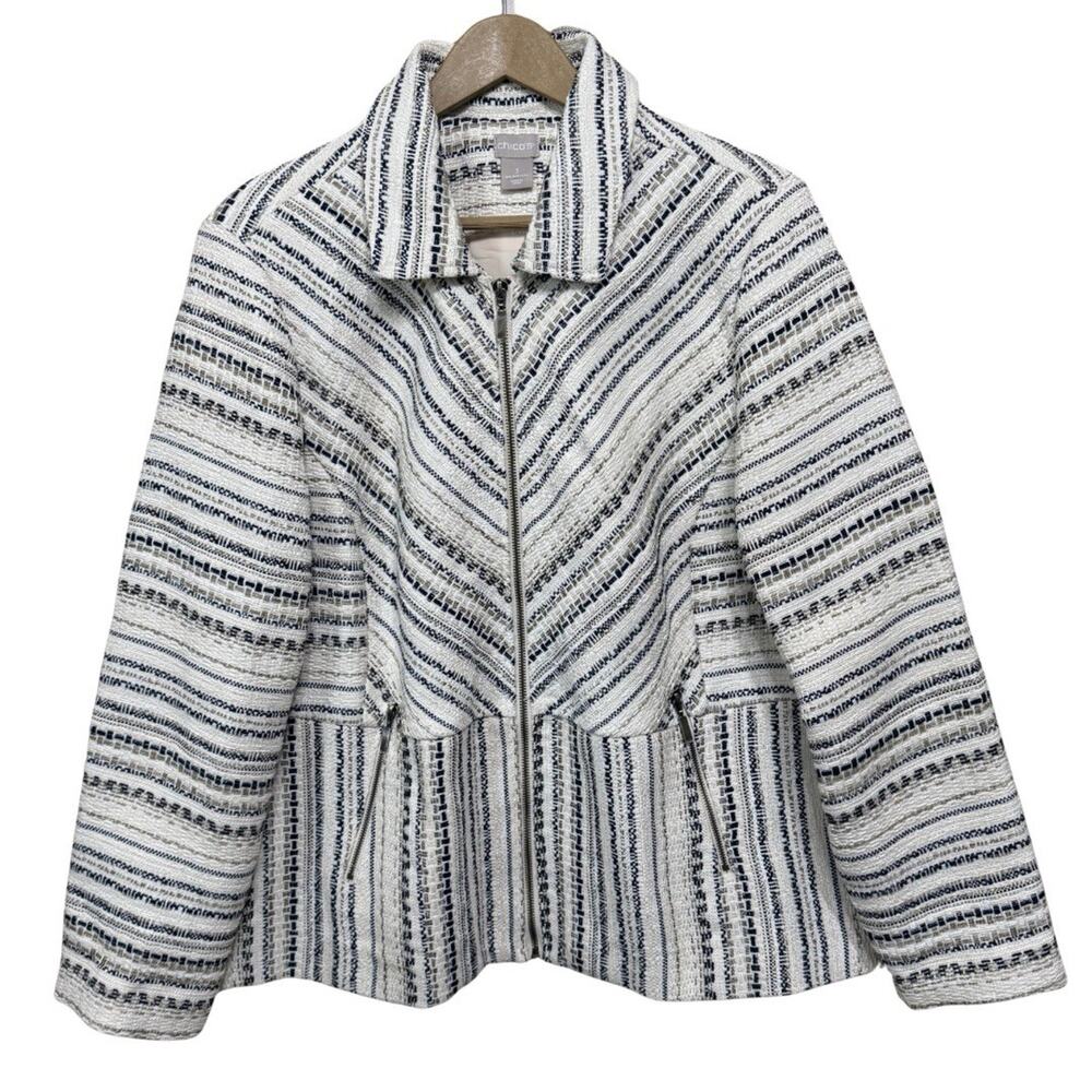 Chico’s Zip Front Tweed Jacket Blazer Size 3 US XL Ivory Multi Stripe Lined